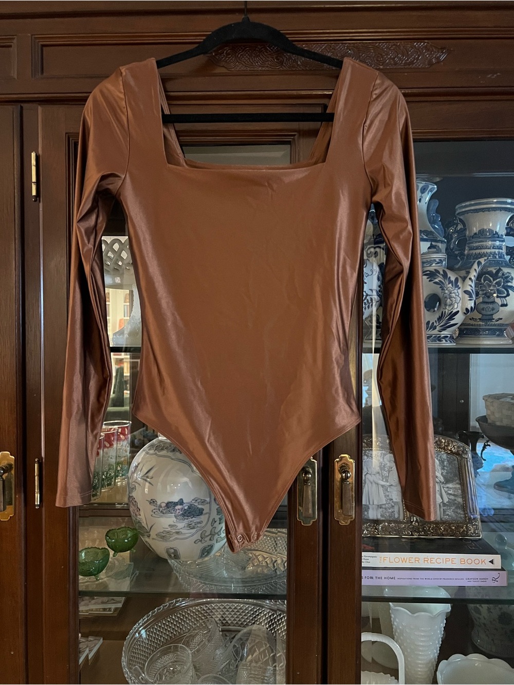 Babaton Aritzia metallic copper Long-Sleeve Square-Neck One-Piece Bodysuit